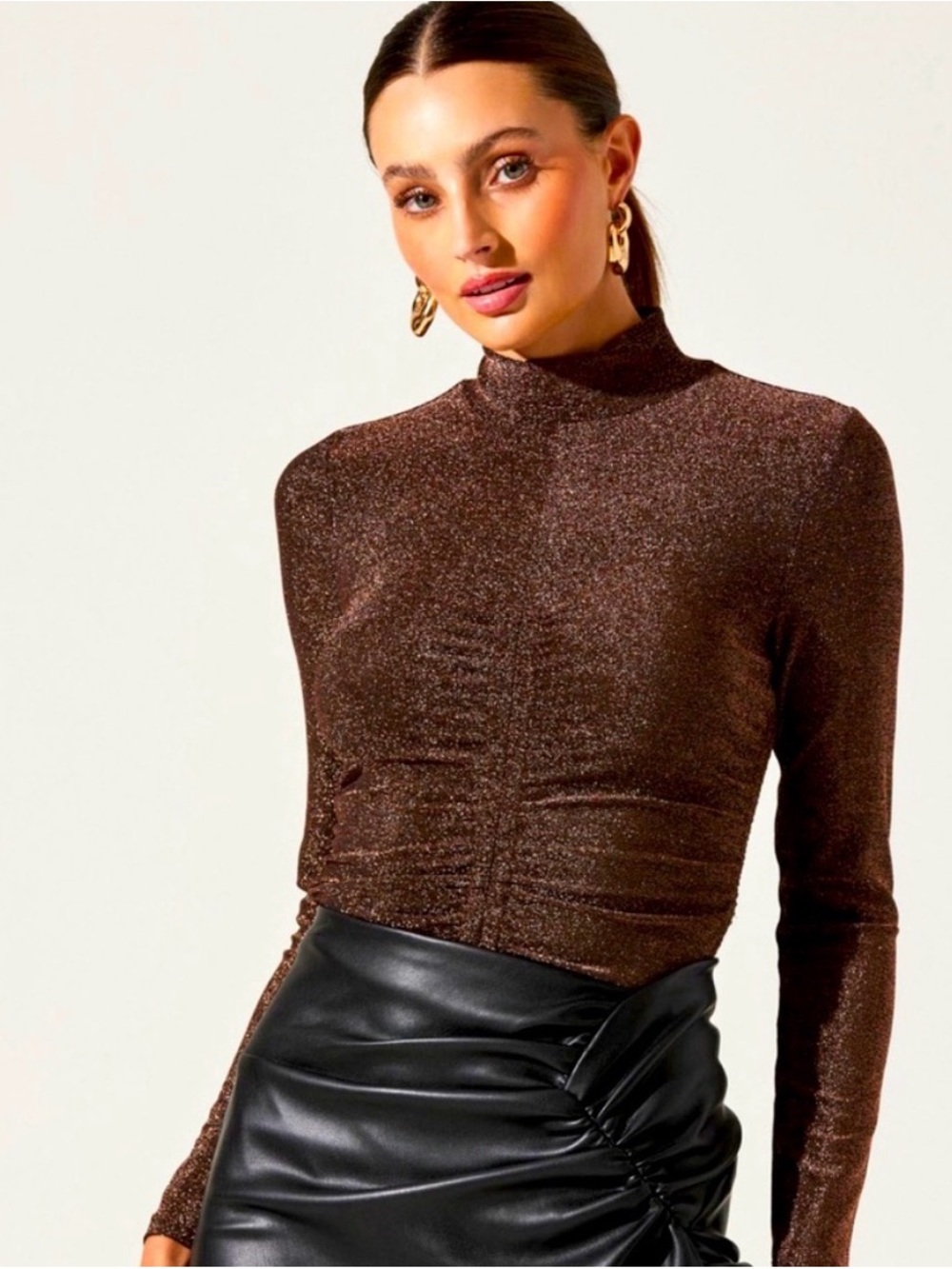 ASTR the Label Metallic Ruched Mock Neck Top